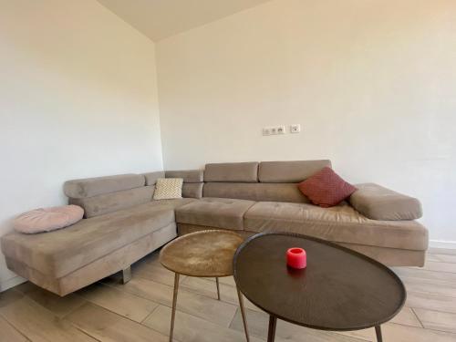 un salon avec un canapé et une table dans l'établissement Les terrasses d'iéna - 2 chambres avec parking privé, à Carcassonne