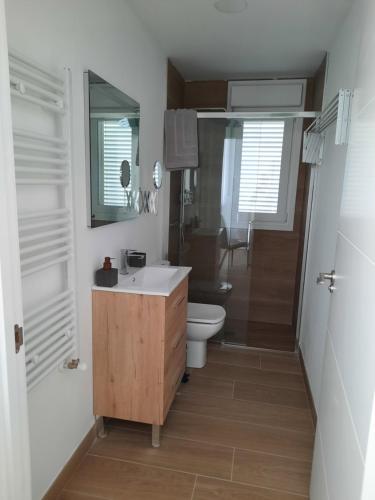 uma casa de banho com um lavatório, um WC e um chuveiro em josemaenea em Pamplona