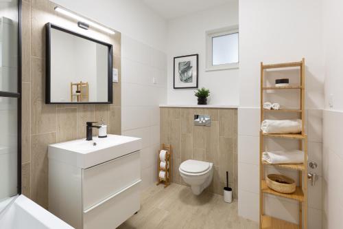 La salle de bains est pourvue d'un lavabo, de toilettes et d'un miroir. dans l'établissement Second Home Apartment, à Budapest