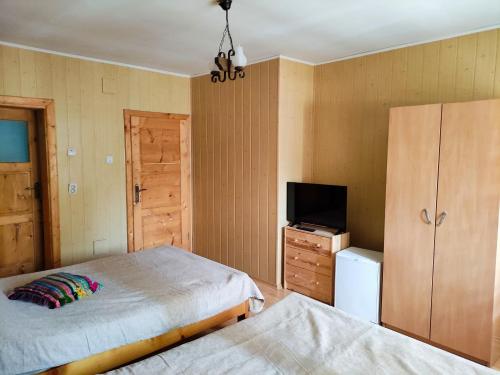 1 dormitorio con 2 camas, TV y armario en CASA HAIDUCILOR SATIC, en Rucăr