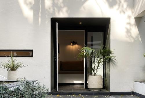 a door leading into a house with two potted plants at Superbe Grande Maison - Amis - Familles - Entreprises in Toulouse