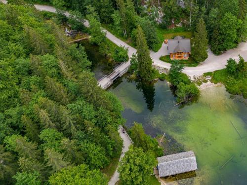 an aerial view of a house in the middle of a lake at Forsthaus Toplitzsee in Gössl