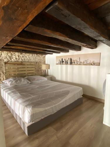 - une chambre avec un grand lit et du parquet dans l'établissement Duplex de charme Orléans hypercentre Cathédrale-Parking possible, à Orléans