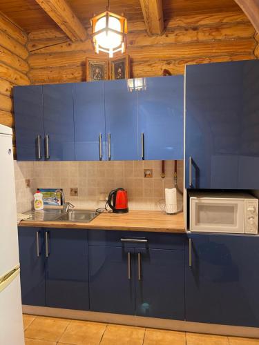 a blue kitchen with a sink and a microwave at Chalet Mlyn in Migovo