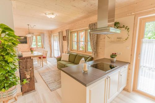 eine Küche und ein Wohnzimmer eines winzigen Hauses in der Unterkunft Forsthaus Toplitzsee in Gössl