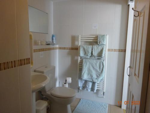 Un baño blanco con inodoro y lavabo. en Sterling Bed & Breakfast, en Llandudno