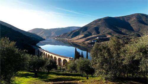 a bridge over a river next to a mountain at Hotel Vale Do Côa in Vila Nova de Foz Coa