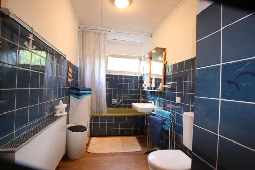 a blue tiled bathroom with a sink and a toilet at Ferienwohnung Zum Rosengarten WEST015 Westerwald in Driedorf