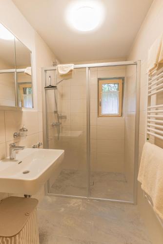 a bathroom with a glass shower and a sink at Forsthaus Toplitzsee in Gössl