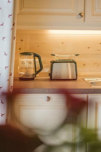 a toaster sitting on top of a kitchen counter at Forsthaus Toplitzsee in Gössl
