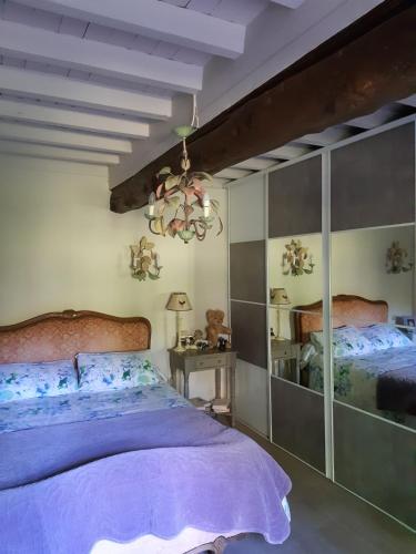 1 dormitorio con 1 cama extragrande y espejo en les orchidees sauvages en Touffreville-la-Corbeline