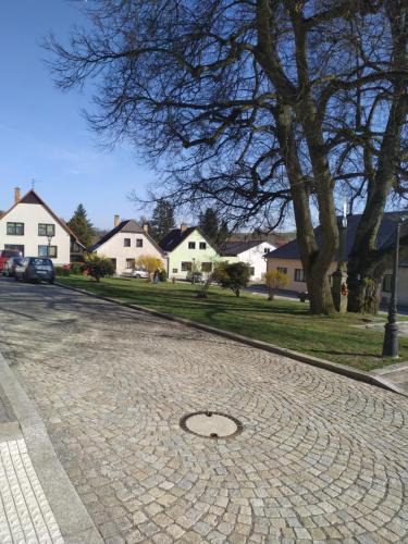 a cobblestone street in a residential neighborhood with houses at Apartmán Počátky in Počátky