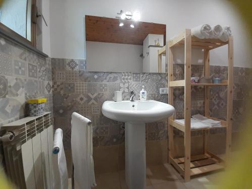 een badkamer met een witte wastafel en een plank bij La casa nel bosco in Trecastagni