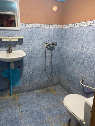 a bathroom with a shower and a sink and a toilet at Gite d étape Khettara Oasis in Er Rachidia