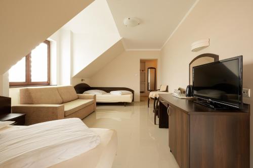 a large living room with a television and a couch at Holiday House Europa in Rewal