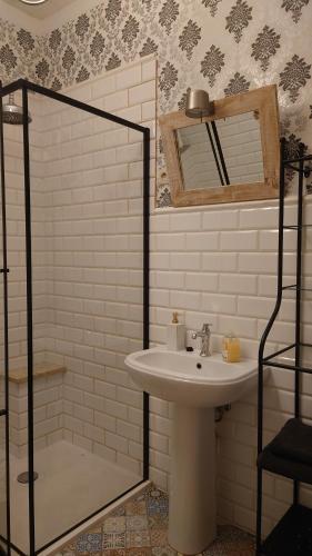 a bathroom with a sink and a shower and a mirror at Apartamenty przy STONEHENGE in Sosnowiec