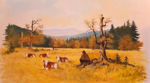 a painting of a man in a field with cattle at Rehwinkel in Bodenmais