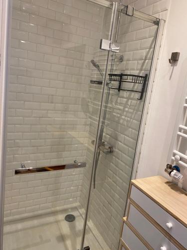 La salle de bains est pourvue d'une douche avec une porte en verre. dans l'établissement Vivegnis, little cosy house, à Liège