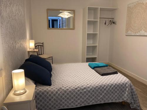 ein Schlafzimmer mit einem Bett mit blauen Kissen und einem Spiegel in der Unterkunft APPART'AGEN in Agen