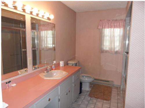 a bathroom with a sink and a toilet and a mirror at Pinebrook - Three Bedroom House in Lake George
