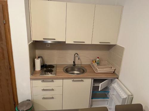 a small kitchen with a sink and white cabinets at Apartmani Mia in Drage