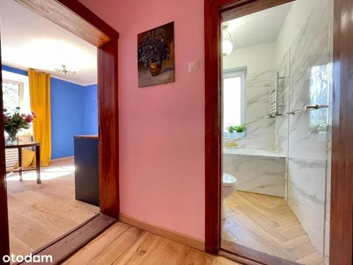a bathroom with a pink door and a shower at Apartament Kraszewskiego - Retro, blisko Starówki, koło parku, ogród dla gości, rowery free in Toruń