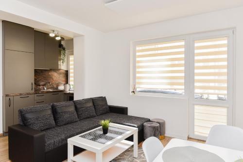 a living room with a black couch and a table at Amber Coast Apartments Palanga in Palanga