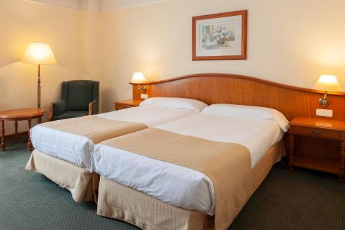 a hotel room with a large bed and a chair at Hotel Hoyuela in Santander