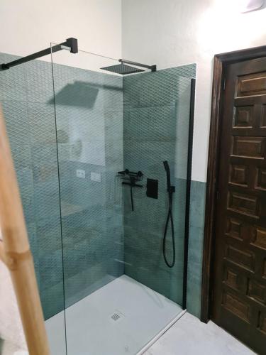 a shower with a glass door and a shower at B&B Finca la Yuca "Un paraíso en Ontinyent" in Ontinyent