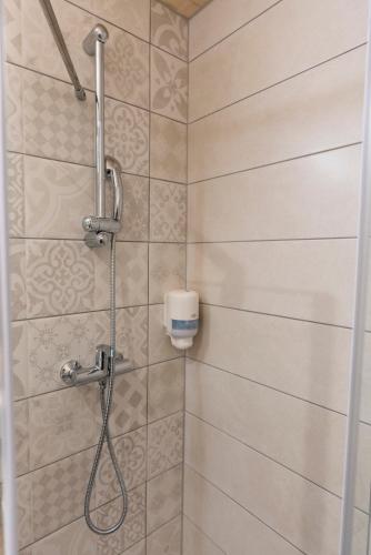 a shower with a shower head in a bathroom at Planinska koča na Uskovnici in Srednja Vas v Bohinju