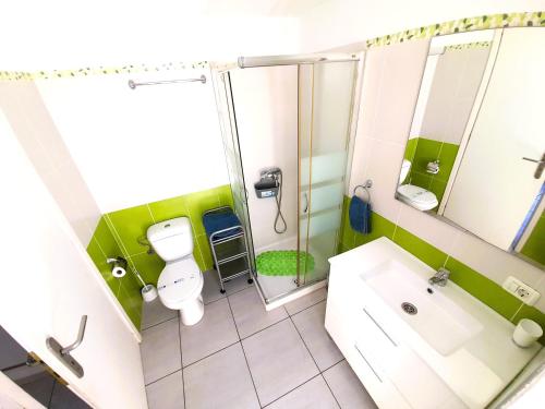 une salle de bain avec toilettes, douche et lavabo dans l'établissement El cortijo, pool view, à Playa de las Americas