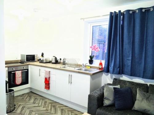 une cuisine avec un évier et un canapé dans une chambre dans l'établissement Sigma Central Apartment 5, à North Shields