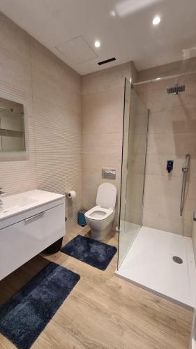a bathroom with a toilet and a glass shower at The Poolside Bliss in San Ġwann