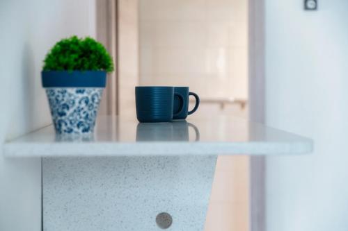 a blue coffee mug and a plant on a table at Acqua - by MyHomeinComo in Moltrasio