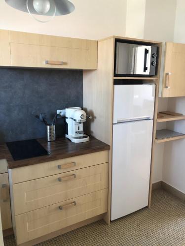 La cuisine est équipée d'un réfrigérateur blanc et d'un four micro-ondes. dans l'établissement DEMOISELLES - Appartement 1 chambre, à Saint-Jean-de-Monts