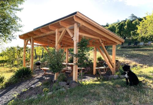 a wooden pavilion with a dog sitting in front of it at Kiskacsa Nyúlontúl in Mencshely