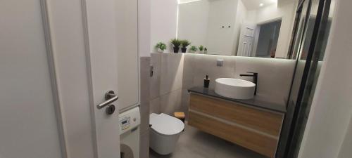 a bathroom with a sink and a toilet and a mirror at Apartamento S. João in Alvor