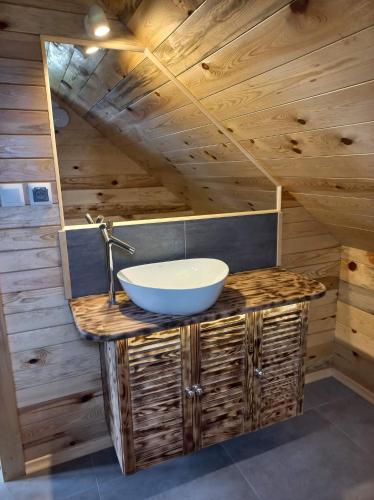 a bathroom with a sink on a wooden wall at Sowiogórska Ostoja in Jugów