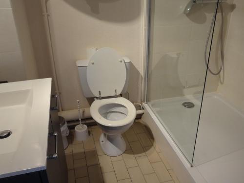 une petite salle de bain avec toilettes et douche dans l'établissement T2 à Sète, 30m², Vue Mer, Parking Privé - FR-1-472-134, à Sète