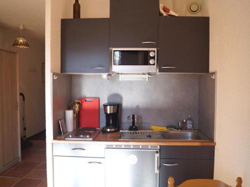une petite cuisine avec un évier et un micro-ondes dans l'établissement Charmant appartement T2 à Barcelonnette, 4 pers, balcon avec vue, parking - FR-1-165A-104, à Barcelonnette