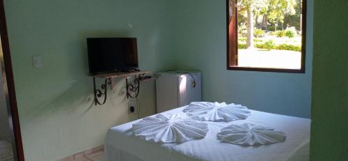 a bedroom with a bed with a television and a refrigerator at Chalés Jardim da Serra in Serra do Cipo