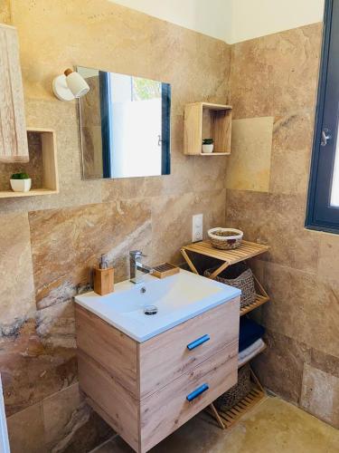 une salle de bain avec un lavabo et un miroir dans l'établissement Proche SARLAT le gîte de FANOVA, à Marcillac-Saint-Quentin