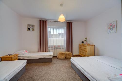 a bedroom with two beds and a window at Apartamenty Migaczówka in Tylicz