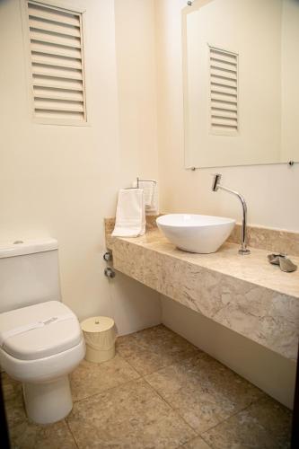 a bathroom with a white toilet and a sink at Plaza Blumenau Hotel in Blumenau