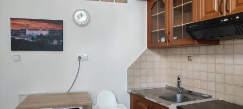 una cocina con fregadero y un reloj en la pared en Apartment Green House - Old Town, en Bratislava