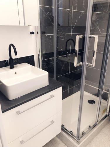 une salle de bain avec un lavabo et une douche dans l'établissement Appartement moderne & cosy au cœur de Paris, à Paris
