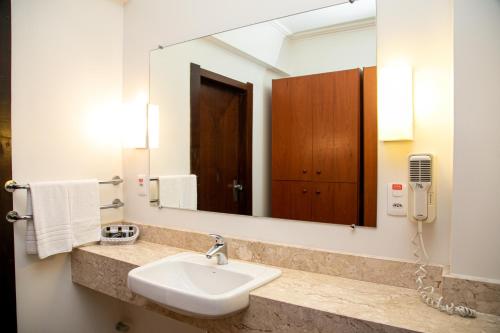 a bathroom with a sink and a large mirror at Plaza Blumenau Hotel in Blumenau