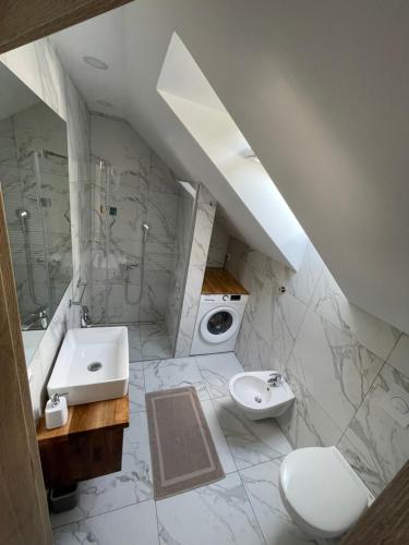 La salle de bains est pourvue d'un lavabo, de toilettes et d'une douche. dans l'établissement Apartma Guide 360, à Bovec