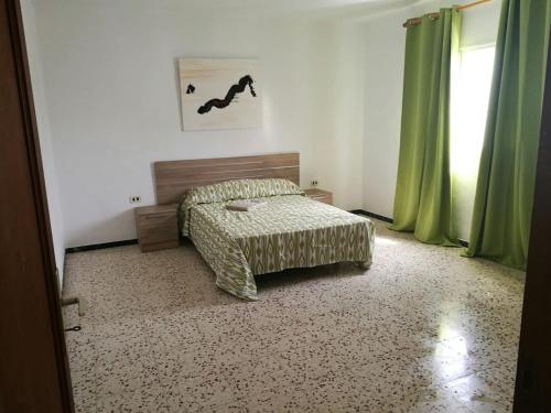 1 dormitorio con cama y cortinas verdes en Apto Punta Mujeres LAS ROSAS, en Punta Mujeres