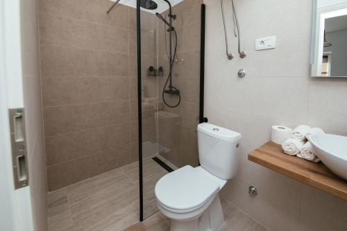 uma casa de banho com um chuveiro, um WC e um lavatório. em Barbarossa em Sveti Filip i Jakov